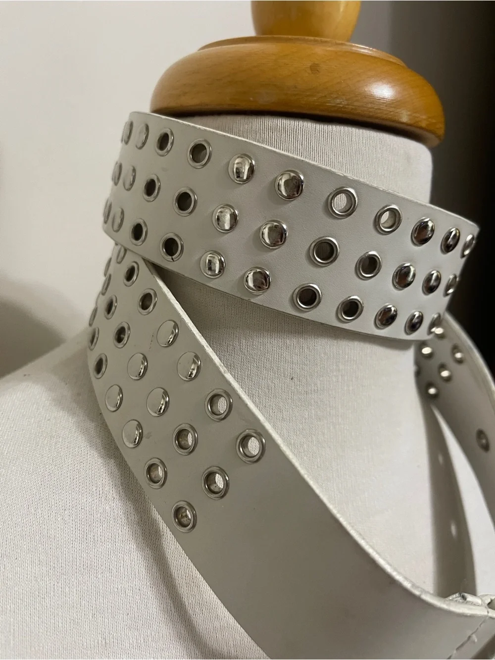 White Studded Double Grommet Belt with Silver Buckle